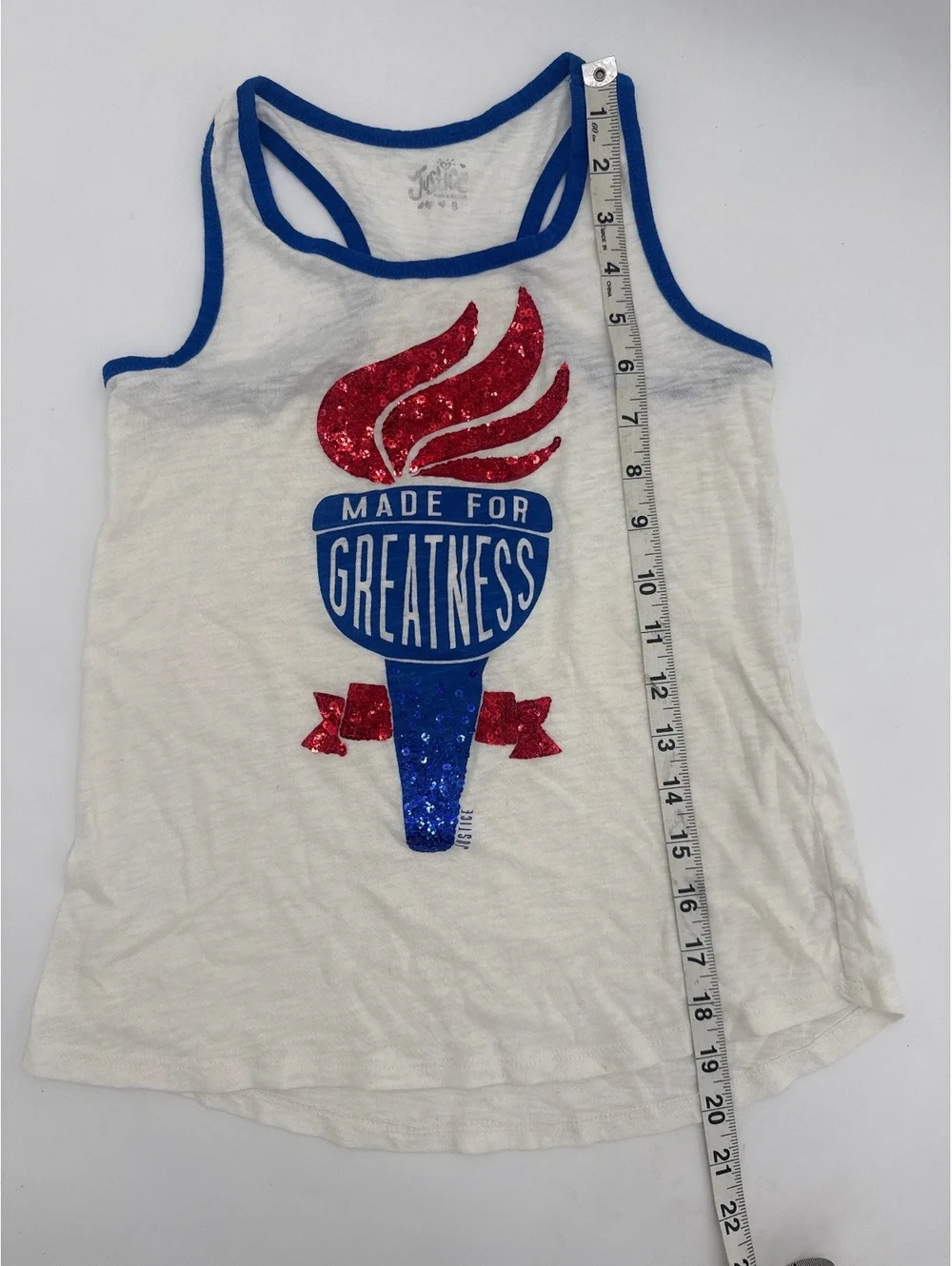 Justice Girls' 8 White Racerback Tank Top with Glitter Torch Graphic